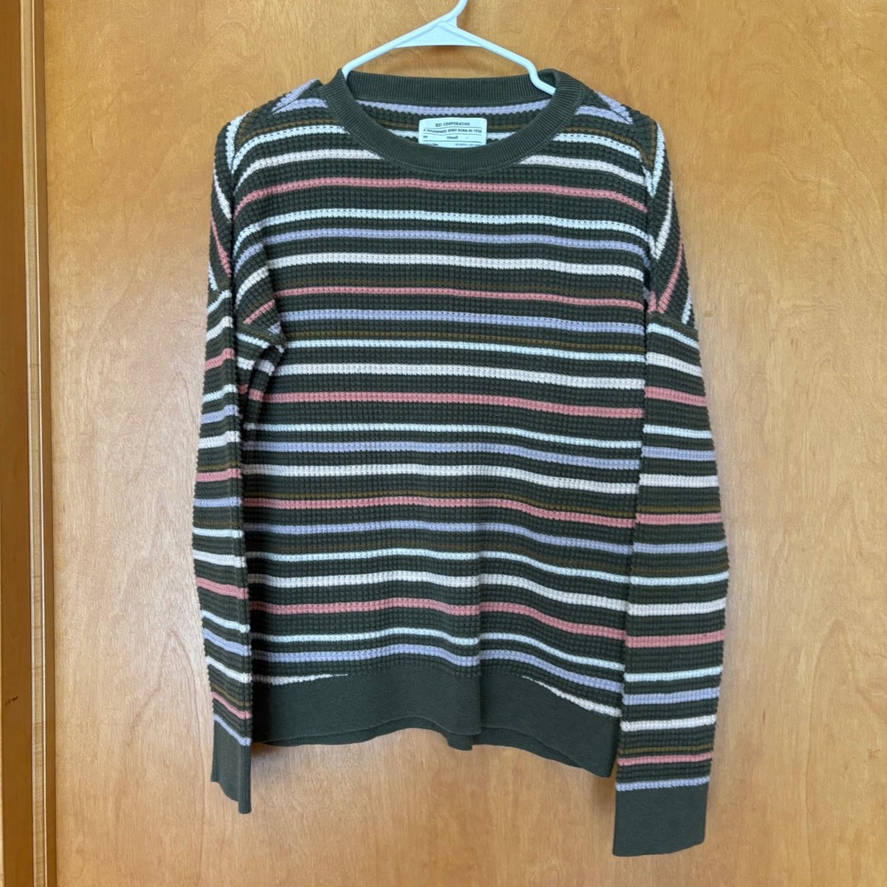 REI Cooperative‎ Striped Waffle Knit Crewneck Sweater XS Olive Pink Lavender